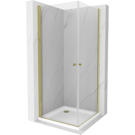 Mexen Pretoria Duo kabina prysznicowa uchylna 80 x 80 cm, transparent, złoty + brodzik Flat - 852-080-080-50-02-4010G