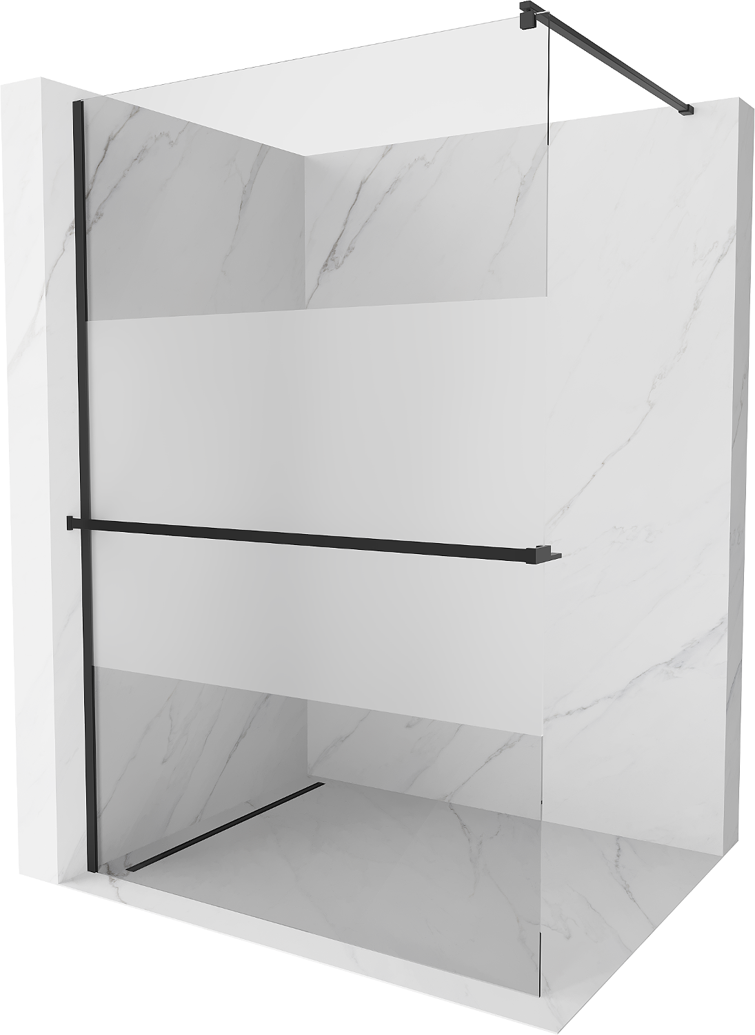 Mexen Kioto+ ścianka prysznicowa z półką i relingiem 70 x 200 cm, transparent/szron 8 mm, czarna - 800-070-121-70-35