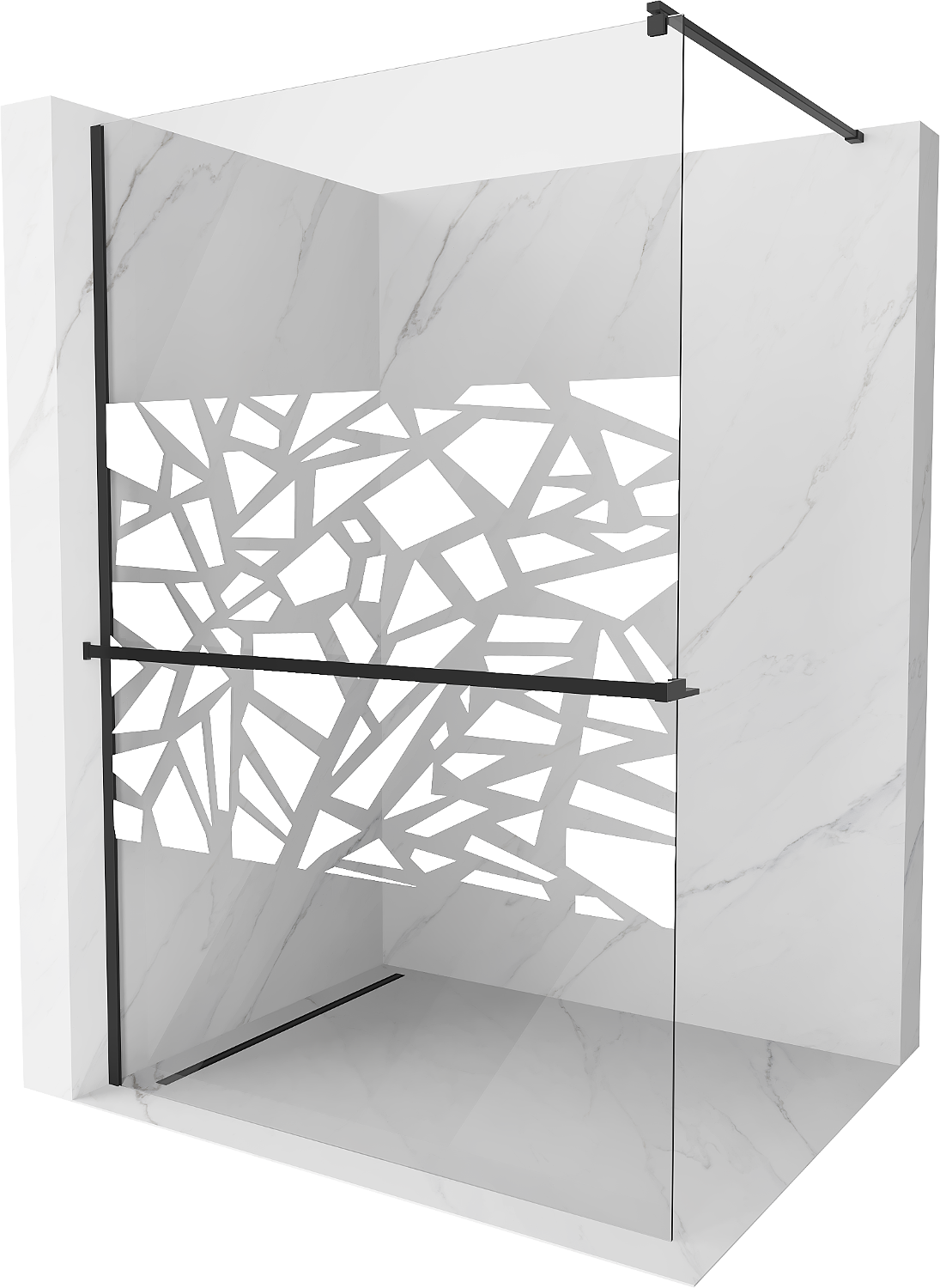 Mexen Kioto+ ścianka prysznicowa z półką i relingiem 100 x 200 cm, transparent/biały wzór 8 mm, czarna - 800-100-121-70-85