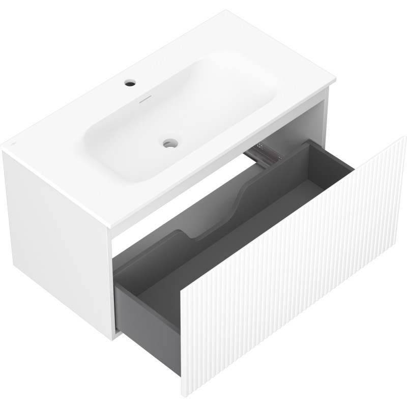 Mexen Rivel szafka łazienkowa 90 cm z umywalką Vela, 1 szuflada, ryflowana , biała mat - 91A20-09047-1-BF01-W23M01