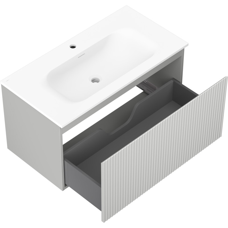Mexen Rivel szafka łazienkowa 90 cm z umywalką Vela, 1 szuflada, ryflowana , szara mat/biała mat - 91A20-09047-1-BF62-W23M01