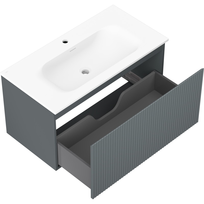 Mexen Rivel szafka łazienkowa 90 cm z umywalką Vela, 1 szuflada, ryflowana , grafit mat/biała mat - 91A20-09047-1-BF66-W23M01