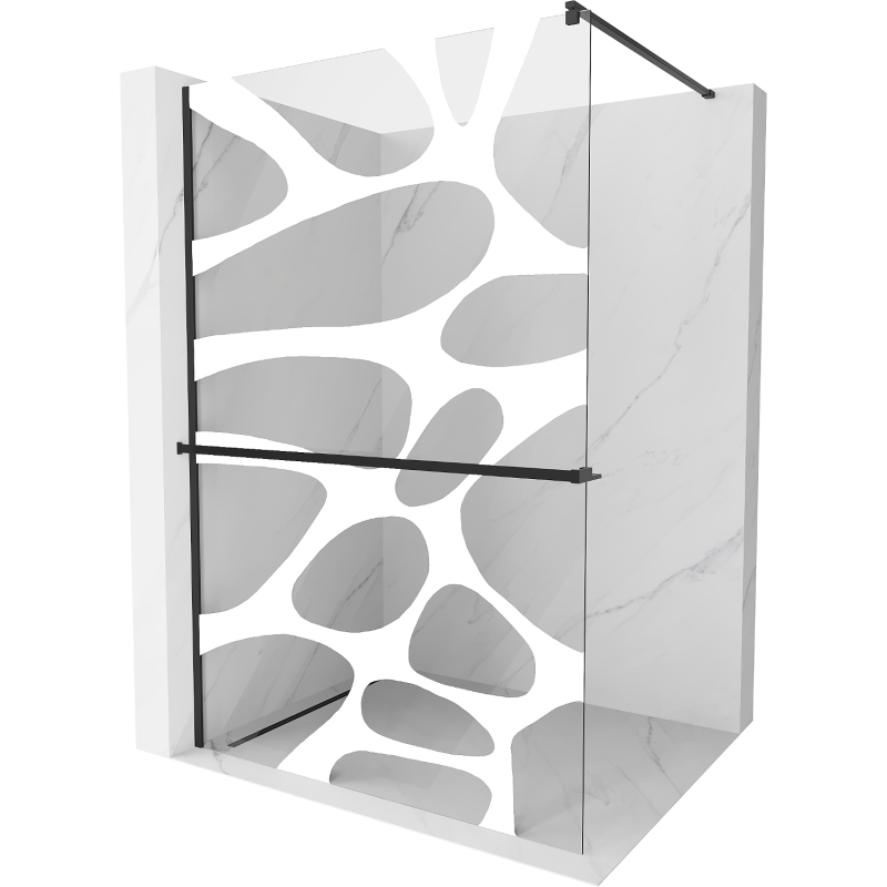 Mexen Kioto+ ścianka prysznicowa z półką i relingiem 70 x 200 cm, transparent/biały wzór 8 mm, czarna - 800-070-121-70-97