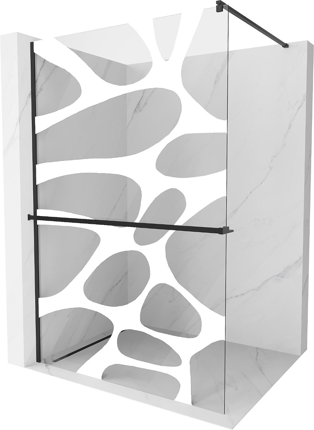 Mexen Kioto+ ścianka prysznicowa z półką i relingiem 70 x 200 cm, transparent/biały wzór 8 mm, czarna - 800-070-121-70-97