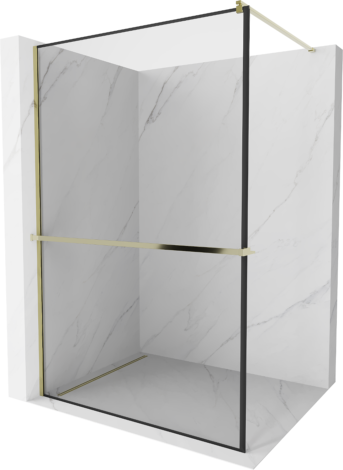 Mexen Kioto+ ścianka prysznicowa z półką i relingiem 100 x 200 cm, transparent/czarny wzór 8 mm, złota - 800-100-121-50-70