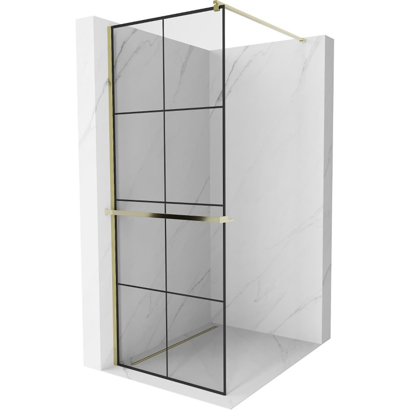 Mexen Kioto+ ścianka prysznicowa z półką Walk-in 70 x 200 cm, czarna kratka, złota - 800-070-121-50-77