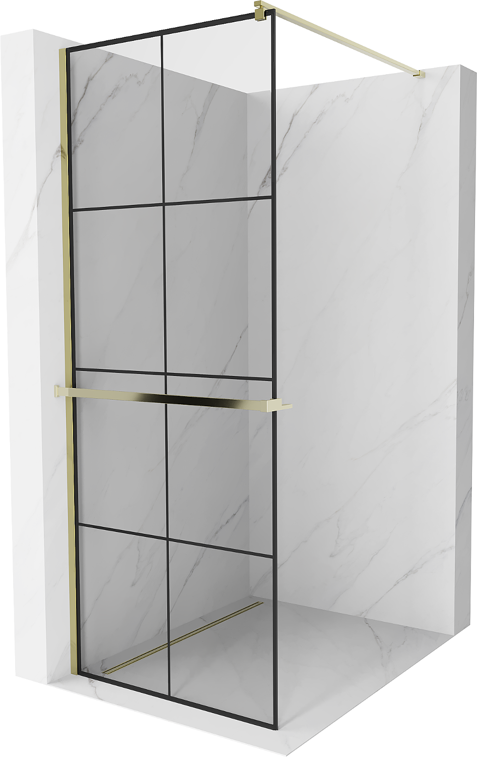Mexen Kioto+ ścianka prysznicowa z półką i relingiem 70 x 200 cm, transparent/czarny wzór 8 mm, złota - 800-070-121-50-77