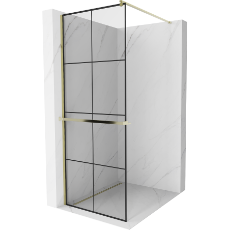 Mexen Kioto+ ścianka prysznicowa z półką Walk-in 90 x 200 cm, czarna kratka, złota - 800-090-121-50-77