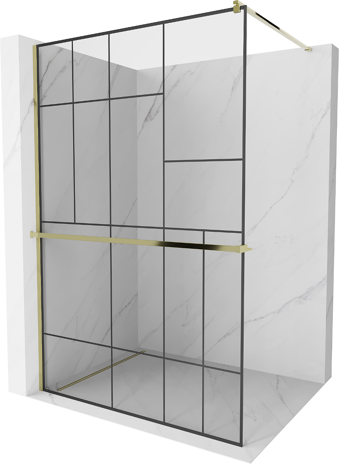 Mexen Kioto+ ścianka prysznicowa z półką i relingiem 70 x 200 cm, transparent/czarny wzór 8 mm, złota - 800-070-121-50-78