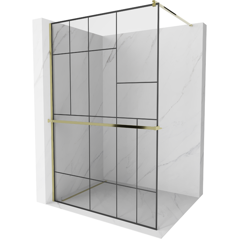 Mexen Kioto+ ścianka prysznicowa z półką i relingiem 110 x 200 cm, transparent/czarny wzór 8 mm, złota - 800-110-121-50-78