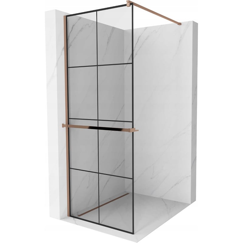 Mexen Kioto+ ścianka prysznicowa z półką Walk-in 80 x 200 cm, czarna kratka, różowe złoto - 800-080-121-60-77