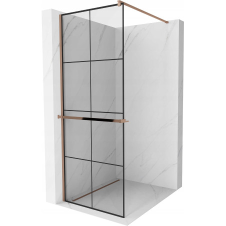 Mexen Kioto+ ścianka prysznicowa z półką Walk-in 80 x 200 cm, czarna kratka, różowe złoto - 800-080-121-60-77