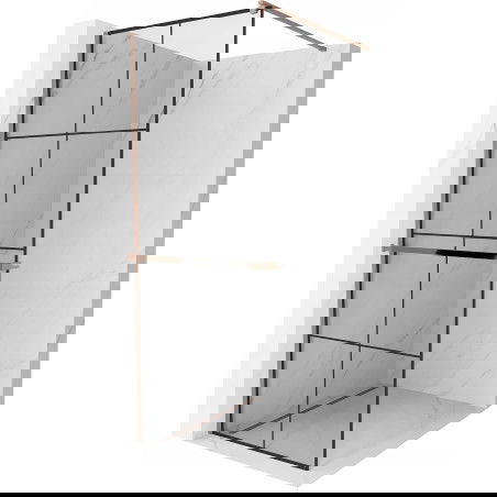 Mexen Kioto+ ścianka prysznicowa z półką Walk-in 90 x 200 cm, czarna kratka, różowe złoto - 800-090-121-60-77