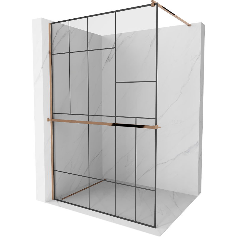 Mexen Kioto+ ścianka prysznicowa z półką Walk-in 130 x 200 cm, czarny wzór, różowe złoto - 800-130-121-60-78