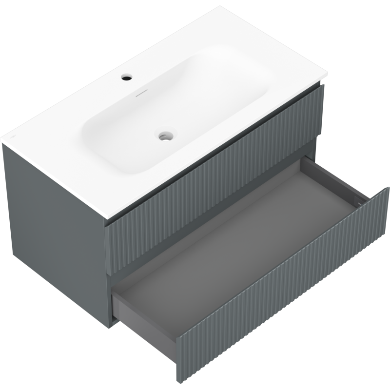 Mexen Rivel szafka łazienkowa 90 cm z umywalką Vela, 2 szuflady, ryflowana , grafit mat/biała mat - 91A20-09047-2-BFF66-W23M0