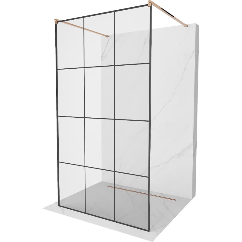 Mexen Kioto ścianka prysznicowa wolnostojąca 120 x 200 cm, czarna kratka 8 mm, różowe złoto - 800-120-002-60-77