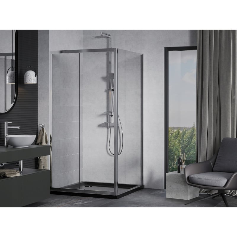 Mexen Apia kabina prysznicowa rozsuwana 90 x 90 cm, transparent, chrom + brodzik Flat, czarny - 840-090-090-01-00-4070
