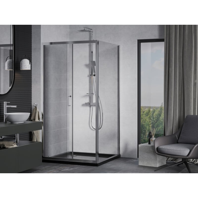 Mexen Apia kabina prysznicowa rozsuwana 90 x 90 cm, transparent, chrom + brodzik Flat, czarny - 840-090-090-01-00-4070
