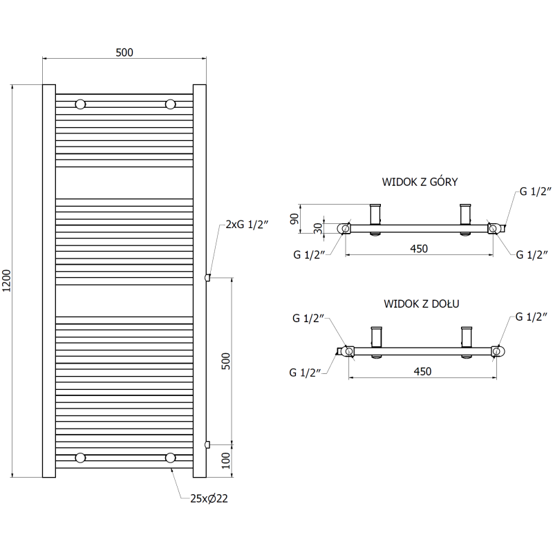 Mexen Mars grzejnik łazienkowy boczny 1200 x 500 mm, 528 W, czarny - W110-1200-500-00-70-S