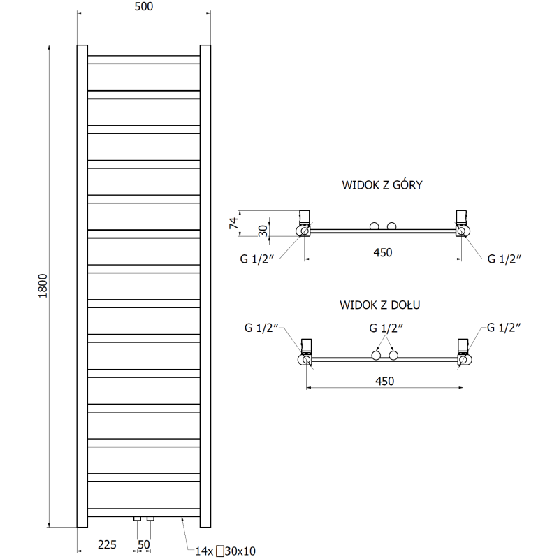 Mexen Bolt grzejnik łazienkowy 1800 x 500 mm, 460 W, czarny - W126-1800-500-00-70