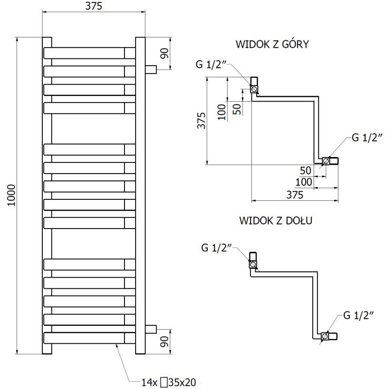 Mexen Loop grzejnik łazienkowy narożny 1000 x 375 mm, 572 W, biały - W129-1000-350-00-20