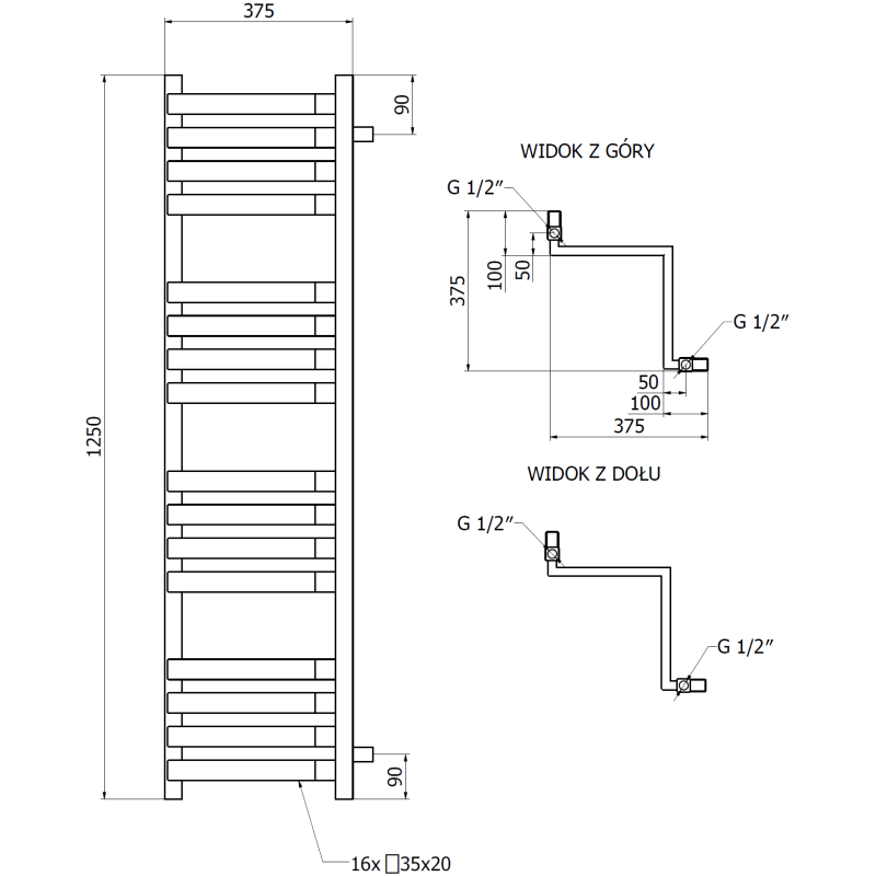 Mexen Loop grzejnik łazienkowy narożny 1250 x 375 mm, 666 W, antracyt - W129-1250-350-00-66