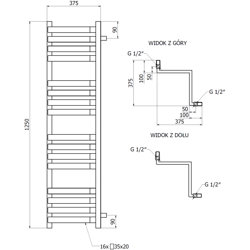 Mexen Loop grzejnik łazienkowy narożny 1250 x 375 mm, 666 W, czarny - W129-1250-350-00-70
