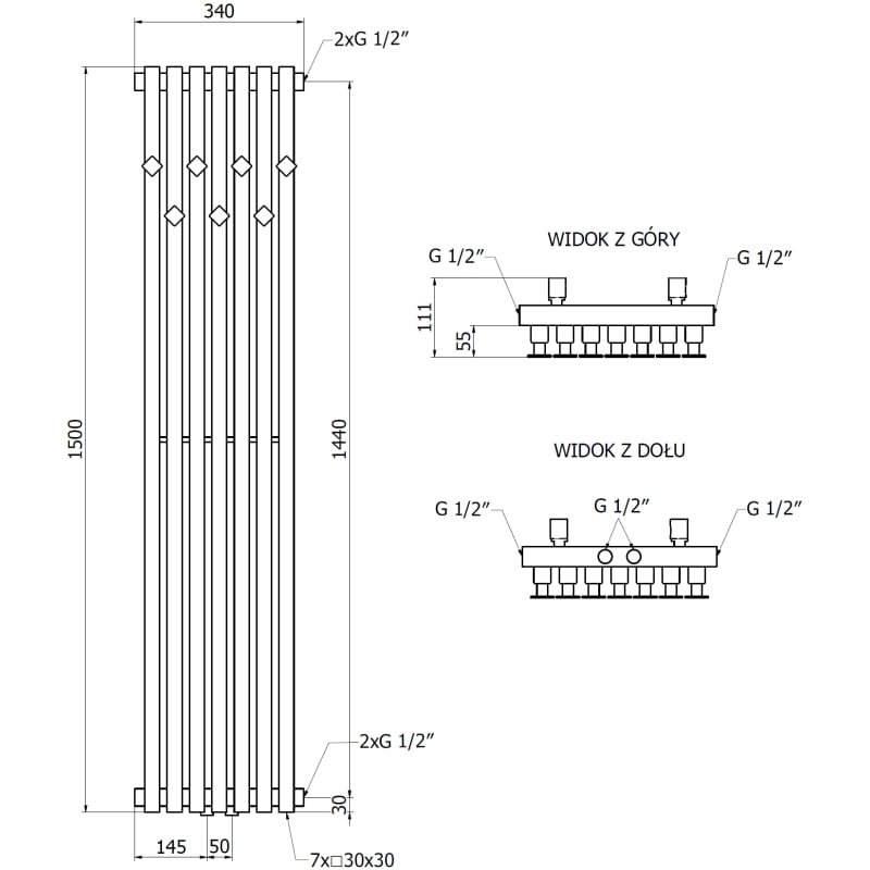 Mexen Flux grzejnik łazienkowy dekoracyjny 1500 x 340 mm, 630 W, biały - W127-1500-360-00-20