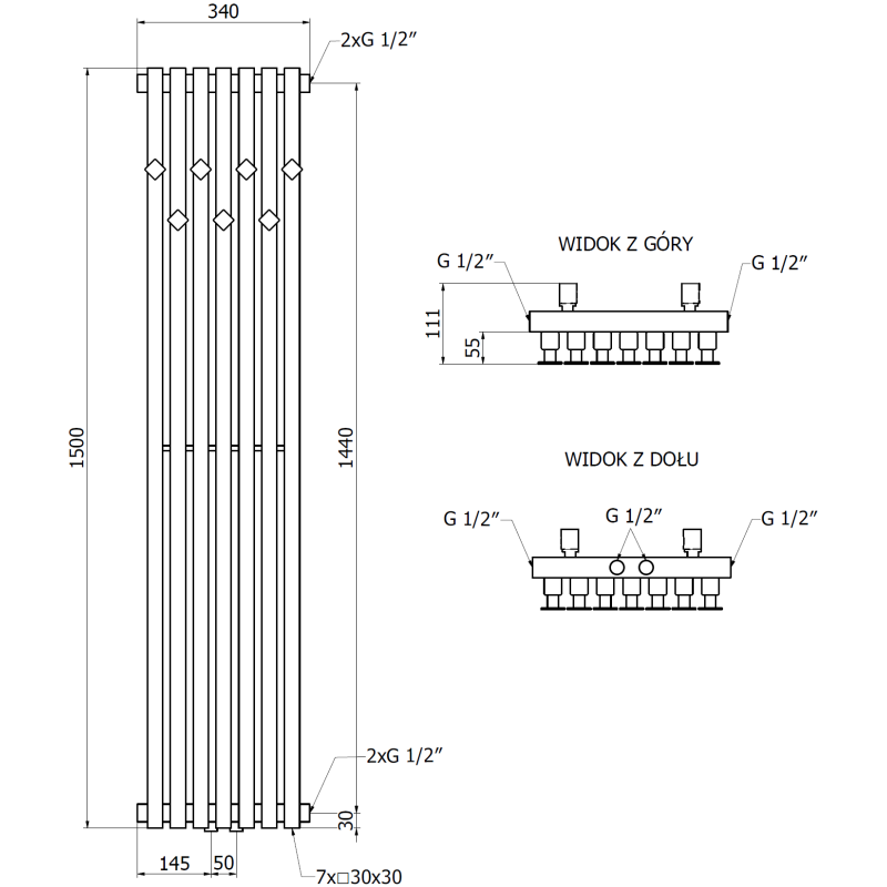 Mexen Flux grzejnik łazienkowy dekoracyjny 1500 x 340 mm, 630 W, antracyt - W127-1500-360-00-66