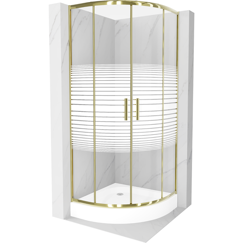 Mexen Rio kabina prysznicowa półokrągła 90 x 90 cm, pasy, złota + brodzik Rio, biały - 863-090-090-50-20-4710