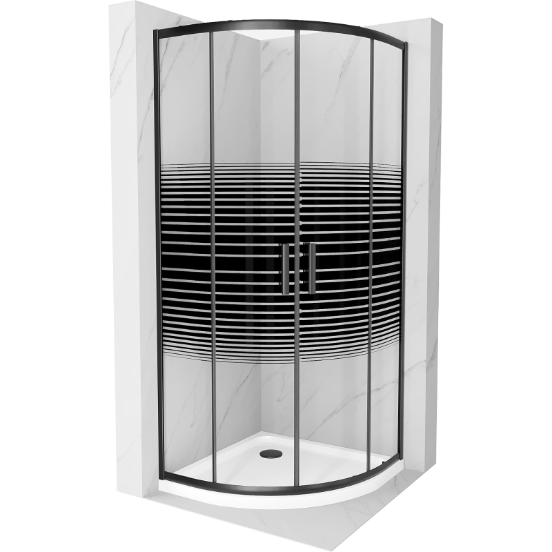 Mexen Rio kabina prysznicowa półokrągła 80 x 80 cm, czarne pasy, czarna + brodzik Flat, biały - 863-080-080-70-20-4110B