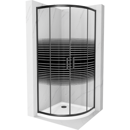 Mexen Rio kabina prysznicowa półokrągła 80 x 80 cm, czarne pasy, czarna + brodzik Flat, biały - 863-080-080-70-20-4110B