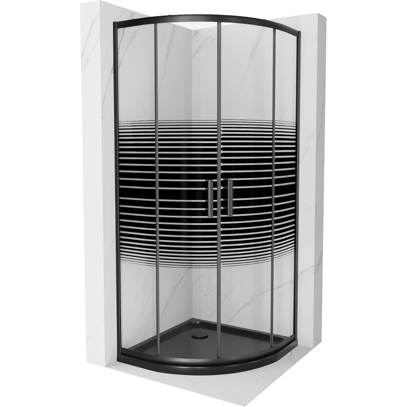 Mexen Rio kabina prysznicowa półokrągła 90 x 90 cm, czarne pasy, czarna + brodzik Flat, czarny - 863-090-090-70-20-4170B