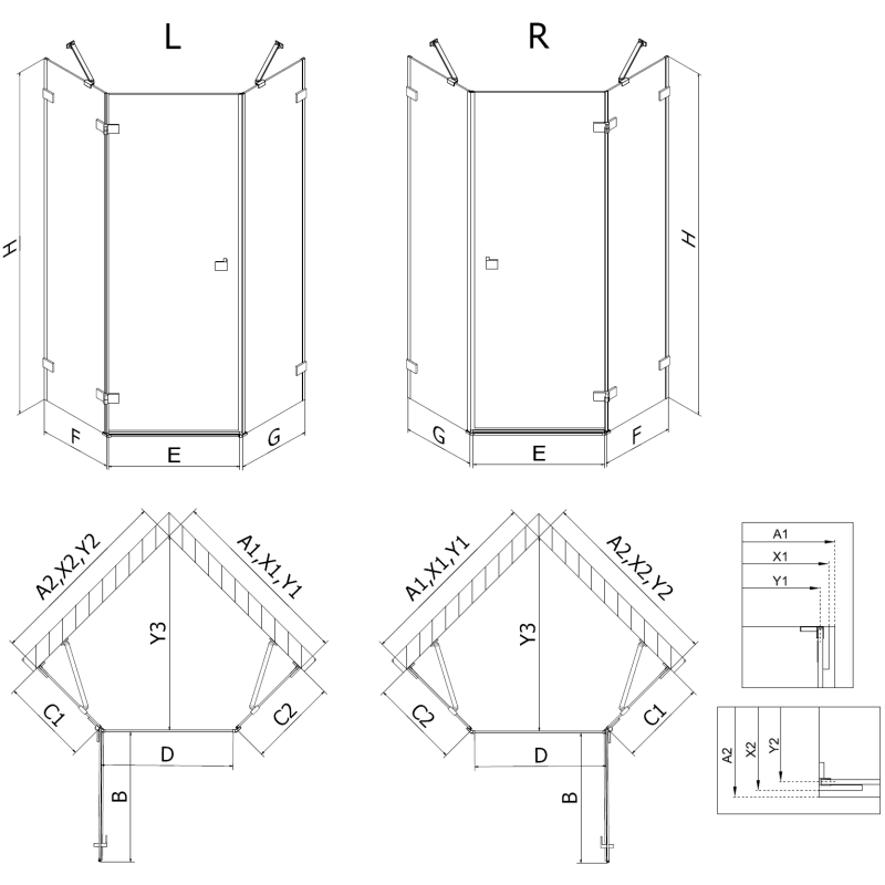 Mexen Lunar kabina prysznicowa pięciokątna uchylna prawa 80 x 100 cm, transparent, gun gray szczotkowany - 831-080P-100L-66-00-P