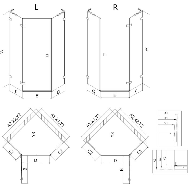 Mexen Lunar L kabina prysznicowa pięciokątna uchylna lewa 90 x 80 cm, transparent, różowe złoto - 831L-090L-080P-60-00-L