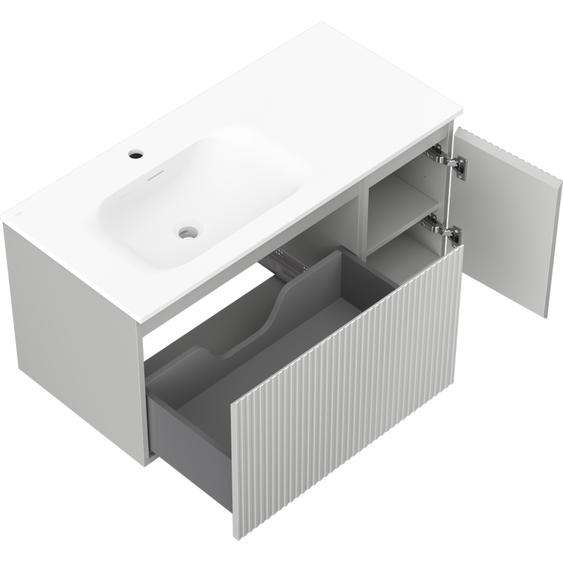 Mexen Rivel szafka łazienkowa 100 cm z umywalką Vela lewą, 1S, 1D, ryflowana, szara mat/biała mat - 91A23-10047-3-BBFF62-W23L01