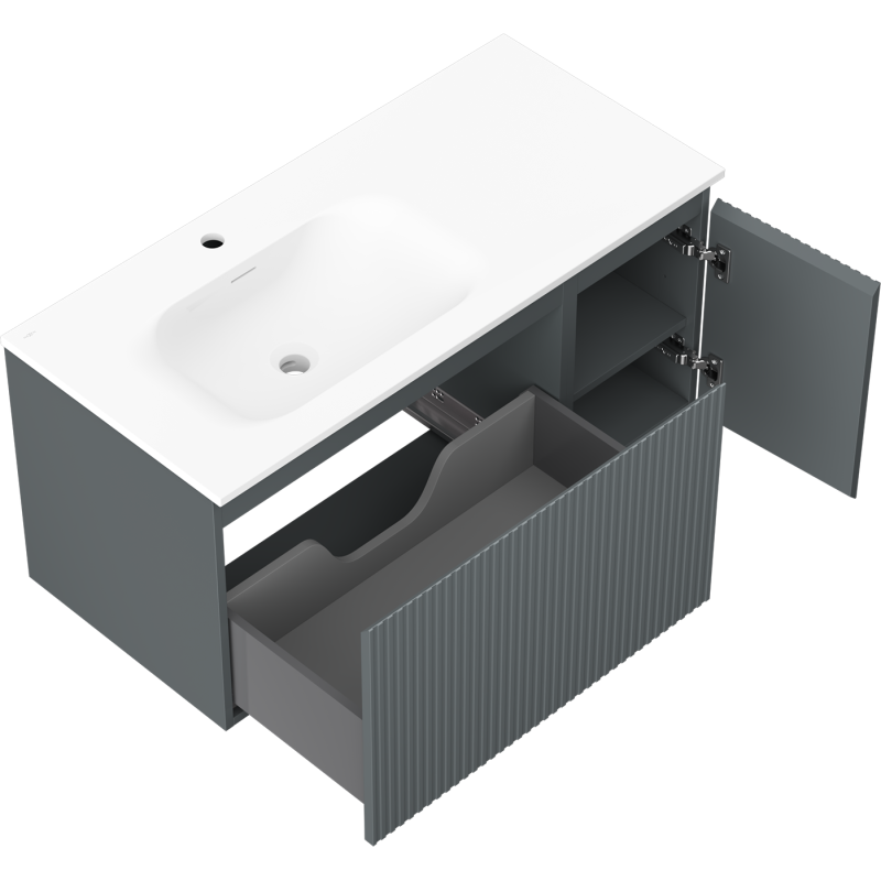 Mexen Rivel szafka łazienkowa 100 cm z umywalką Vela lewą, 1S, 1D, ryflowana, grafit mat/biała mat - 91A23-10047-3-BBFF66-W23L01
