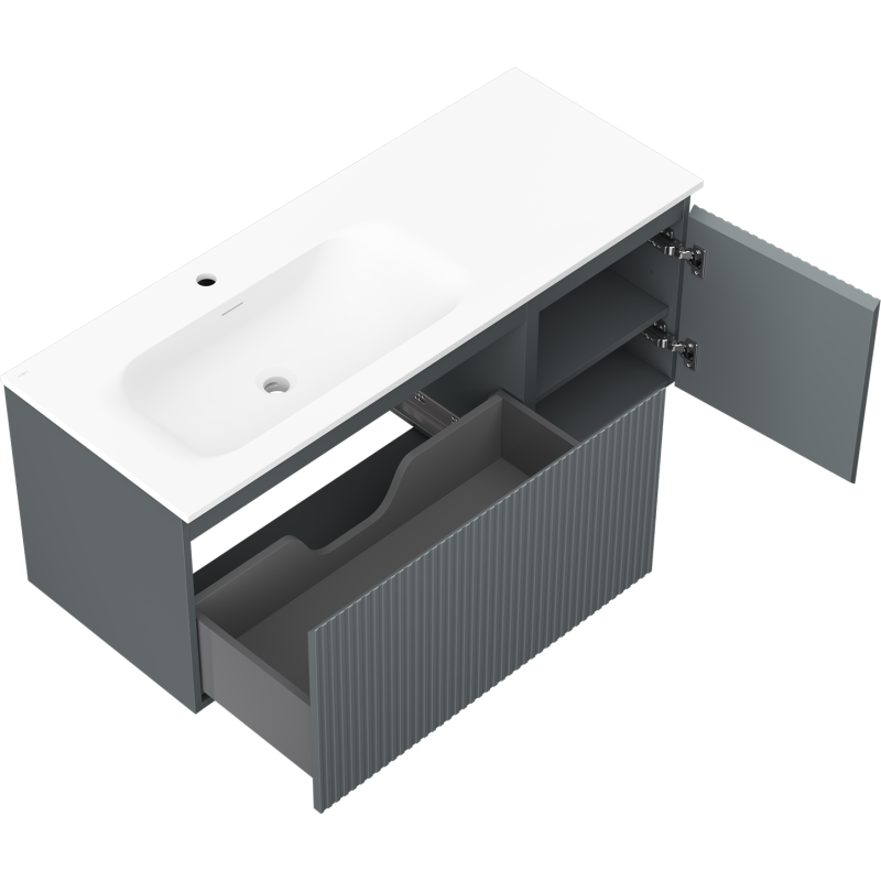 Mexen Rivel szafka łazienkowa 120 cm z umywalką Vela lewą, 1S, 1D, ryflowana, grafit mat/biała mat - 91A23-12047-3-BBFF66-W23L01