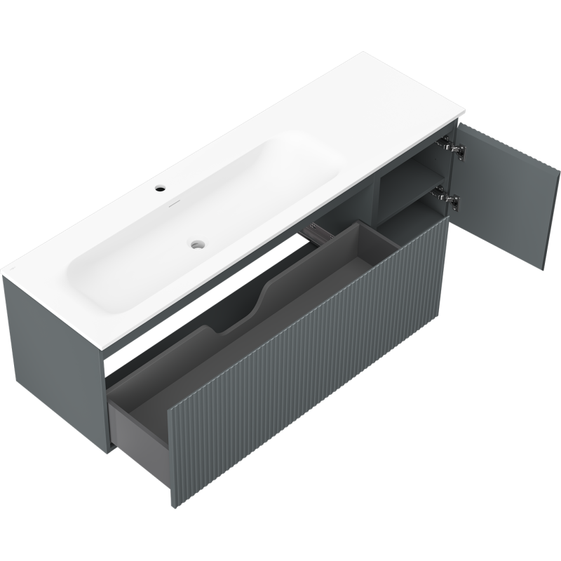 Mexen Rivel szafka łazienkowa 160 cm z umywalką Vela lewą, 1S, 1D, ryflowana, grafit mat/biała mat - 91A23-16047-3-BBFF66-W23L01