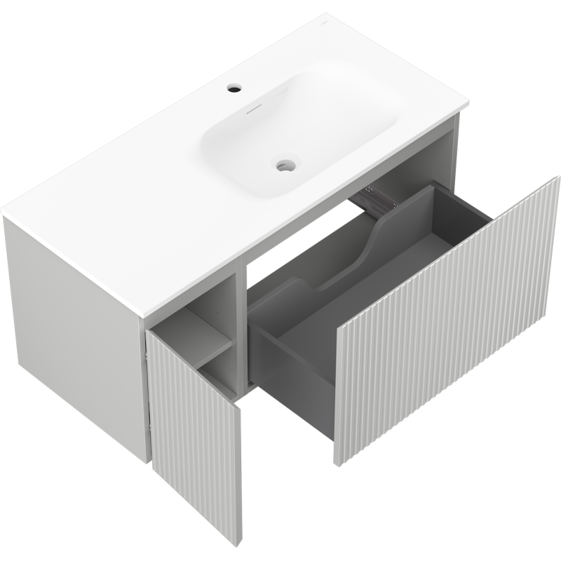 Mexen Rivel szafka łazienkowa 100 cm z umywalką Vela prawą, 1S, 1D, ryflowana, szara mat/biała mat - 91A23-10047-3-BBFF62-W23P01