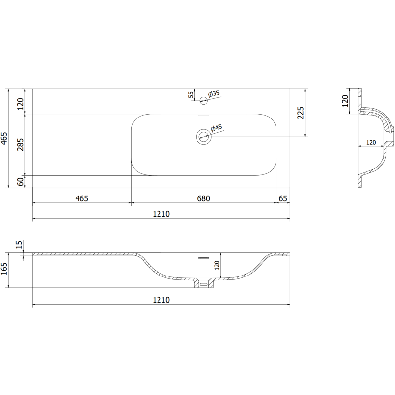 Mexen Rivel szafka łazienkowa 120 cm z umywalką Vela prawą, 1S, 1D, ryflowana, czarna mat - 91A23-12047-3-BBFF71-W23P71