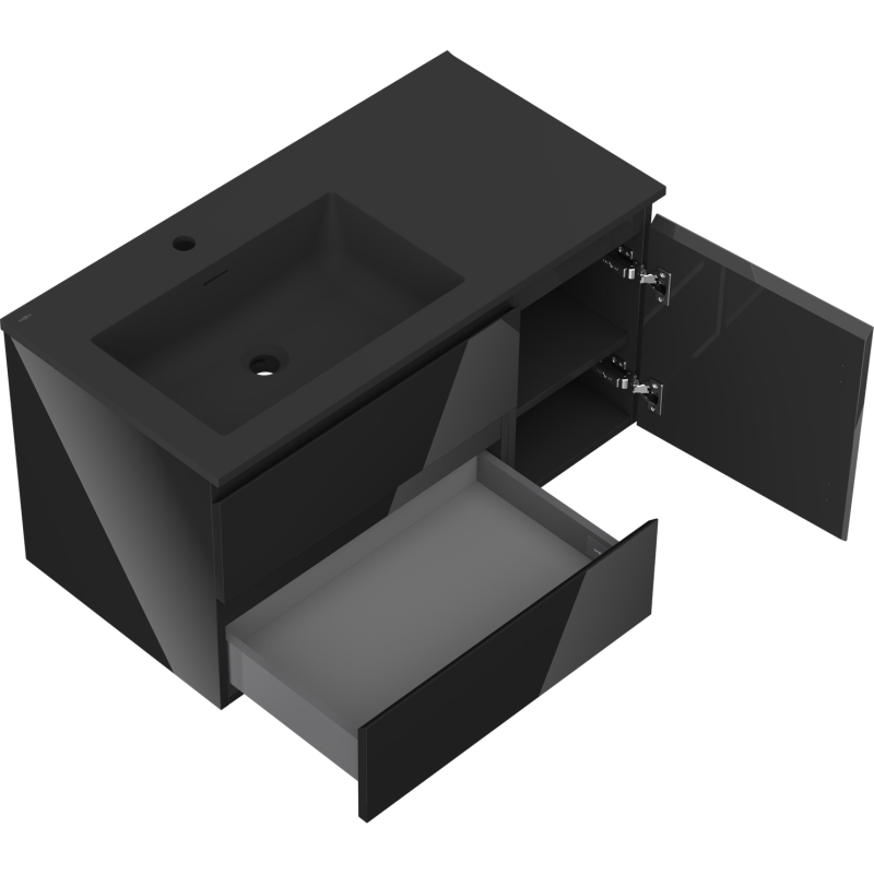 Mexen Orio szafka łazienkowa 90 cm z umywalką Otis lewą, 2S, 1D, czarna połysk/czarna mat - 91A13-09047-3-BBFFF70-W18L71
