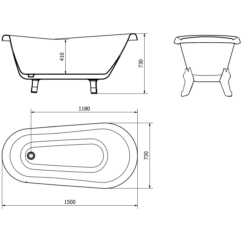 Mexen Retro wanna wolnostojąca 150 x 73 cm, biała, nogi czarne - 53251507300-70