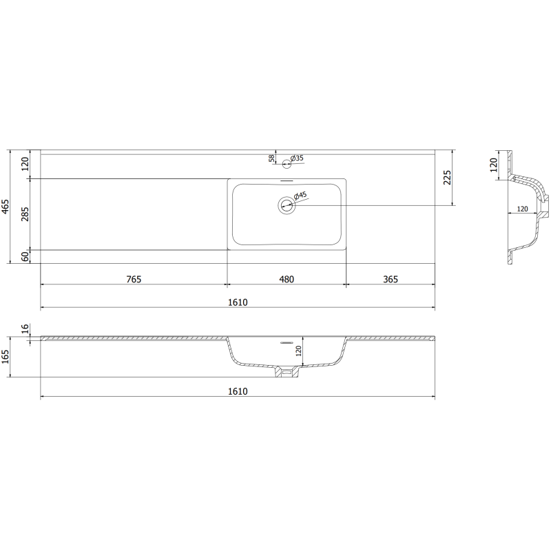 Mexen Orio szafka łazienkowa 160 cm z umywalką Otis prawą, 2S, 1D, czarna mat - 91A13-16047-3-BBFFF71-W18P71