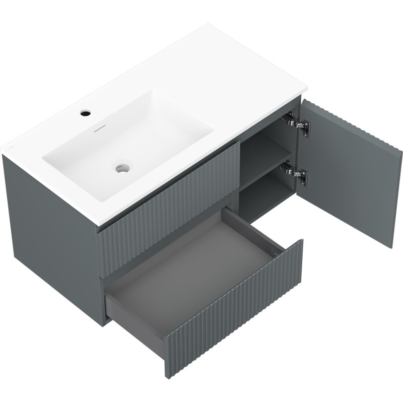 Mexen Rivel szafka łazienkowa 90 cm z umywalką Otis lewą, 2S, 1D, ryflowana, grafit mat/biała mat - 91A23-09047-3-BBFFF66-W18L01