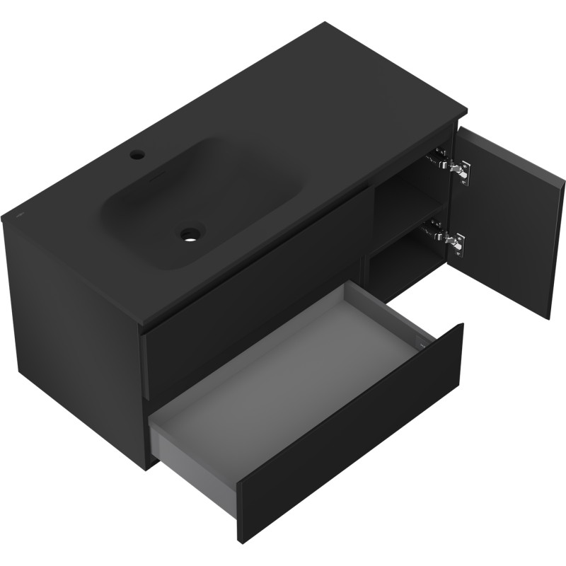 Mexen Orio szafka łazienkowa 100 cm z umywalką Vela lewą, 2S, 1D, czarna mat - 91A13-10047-3-BBFFF71-W23L71