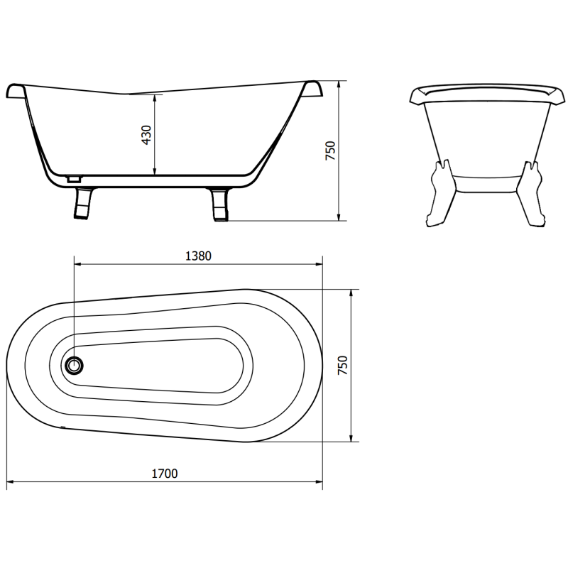 Mexen Retro wanna wolnostojąca 170 x 75 cm, biała/czarna, nogi złote - 53251707575-50