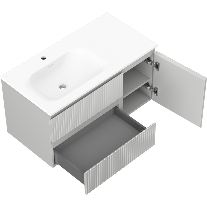 Mexen Rivel szafka łazienkowa 90 cm z umywalką Vela lewą, 2S, 1D, ryflowana, szara mat/biała mat - 91A23-09047-3-BBFFF62-W23L01