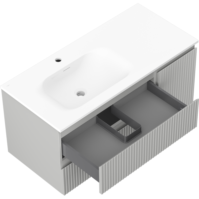Mexen Rivel szafka łazienkowa 100 cm z umywalką Vela lewą, 2S, 1D, ryflowana, szara mat/biała mat - 91A23-10047-3-BBFFF62-W23L01
