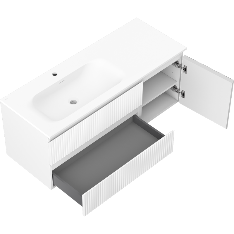 Mexen Rivel szafka łazienkowa 120 cm z umywalką Vela lewą, 2S, 1D, ryflowana, biała mat - 91A23-12047-3-BBFFF01-W23L01